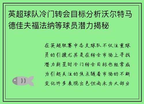 英超球队冷门转会目标分析沃尔特马德佳夫福法纳等球员潜力揭秘 英超球队冷门转会目标分析沃尔特马德佳夫福法纳等球员潜力揭秘